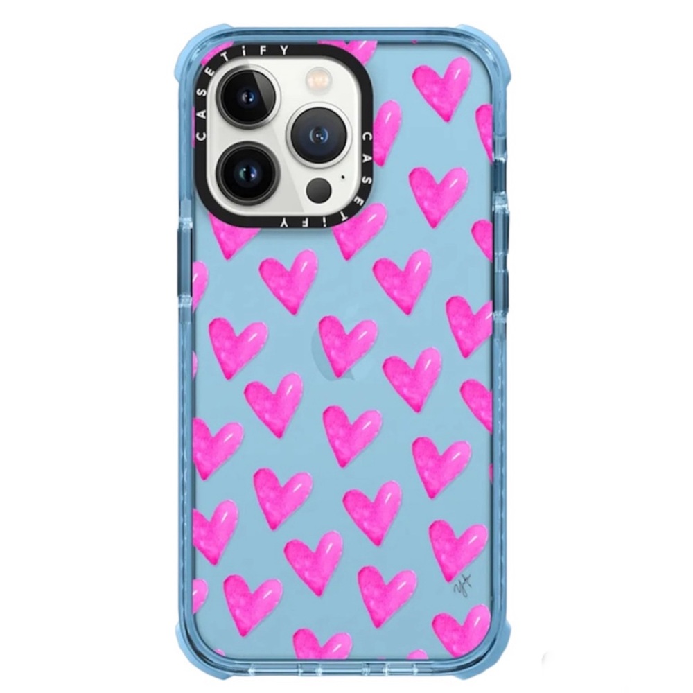 Casetify iPhone 13 Pro Ultra Impact Case Sierra Blue Transparent & Pink Hearts
